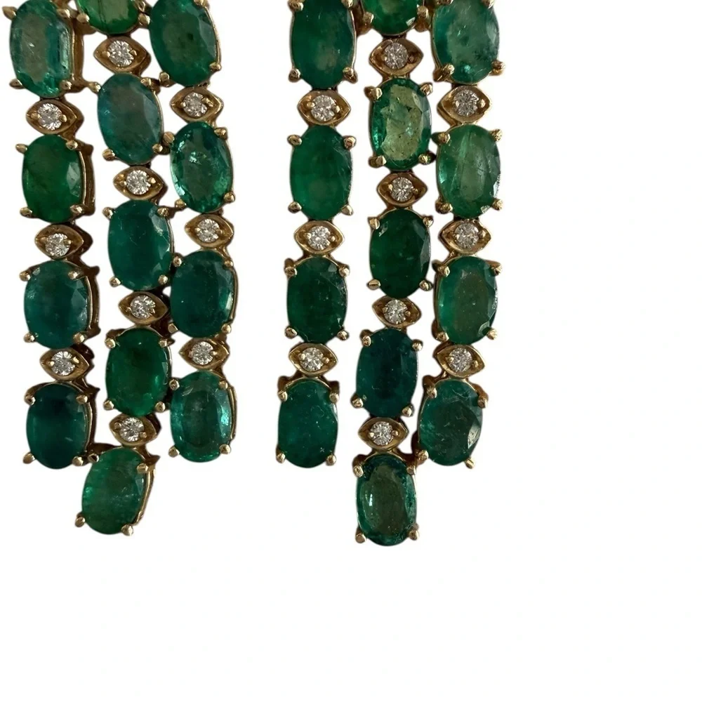 Vintage Emerald Diamond Gold Cascading Post Earrings